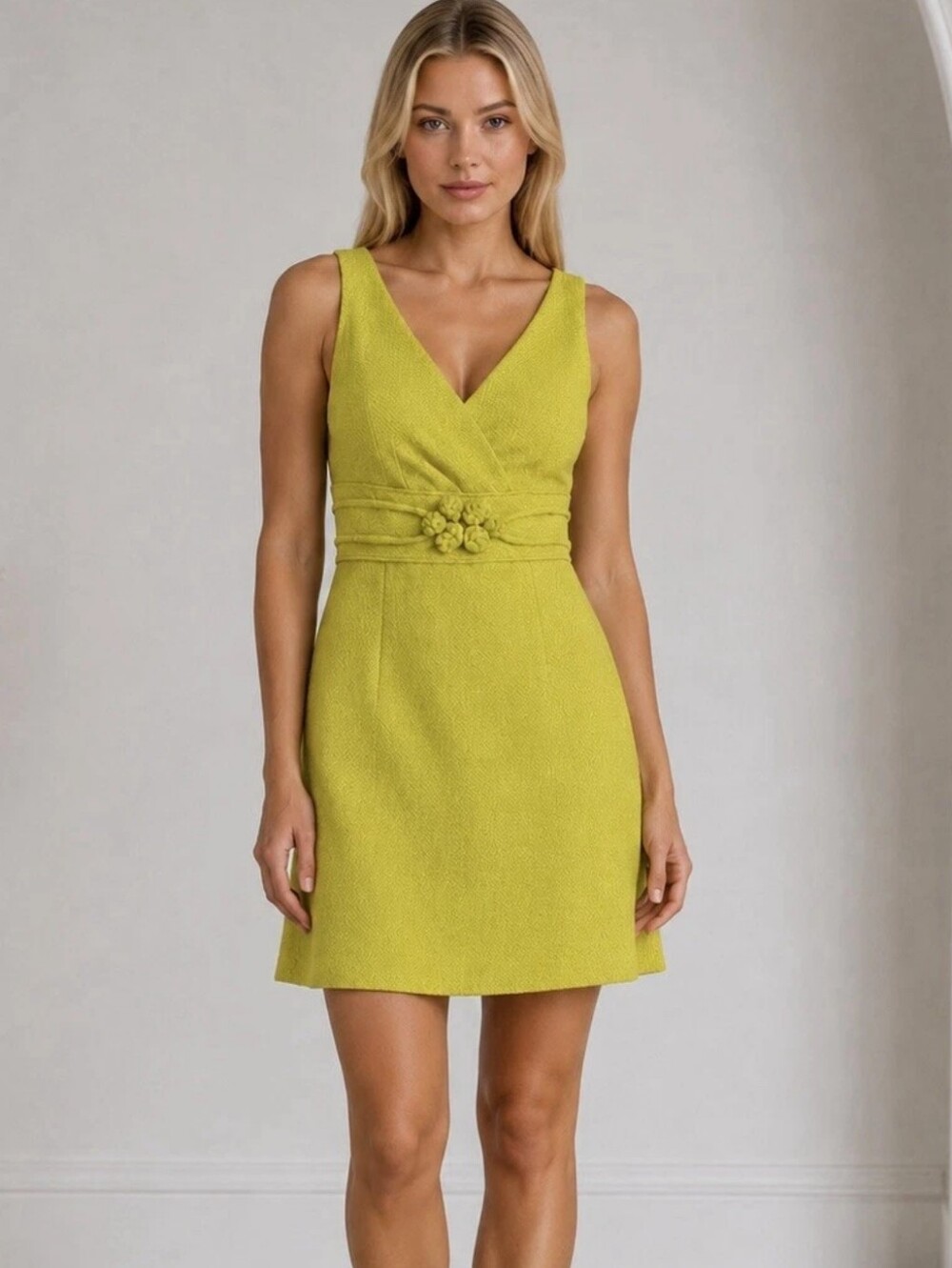 ANTONIO MELANI Chartreuse V-Neck Dress with Waist Detail Size 12